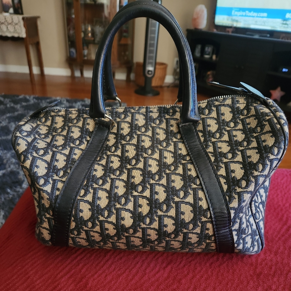 Christian Dior Trotter Used Boston Handbag Navy Canvas